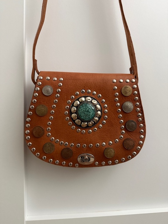 Handbags - Brown Leather Crossbody Bag with Turquoise Medallion - FROM MOROCCO